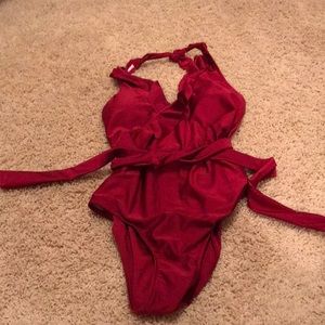 sexy silky red frilly tied one piece swimsuit